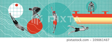 Competitive young athlete, muscular man, swimmer in motion, swimming, training over abstract green background. Contemporary art collage. Competitive young athlete, muscular man, swimmer in motion, swimming, training over abstract green background. Contemporary art collage. 109861487