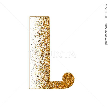 Letter L of Latin alphabet decorated with sand effect stipple texture vector illustration, round confetti dots grunge pattern, speckled chaotic particles, geometric image, golden chaotic dots abc 109861537