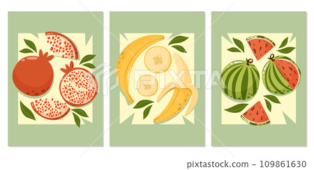 Set of abstract posters with fruit composition. Pomegranate, banana, watermelon. Summer modern vector illustration for banner, card, fruit shop, cover, a4 format 109861630