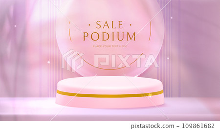 Realistic pink podium or pedestal with leaves shadow on background 109861682
