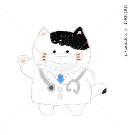Hand-drawn illustration of a doctor cat wearing a mask 109861912