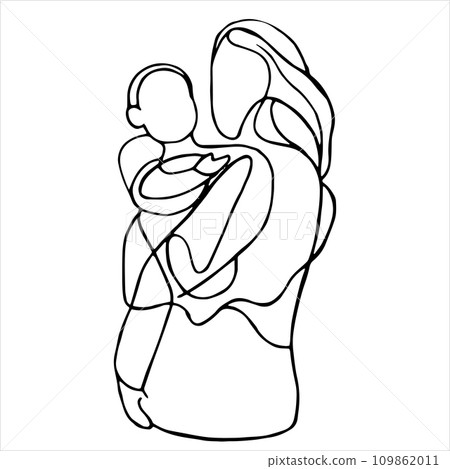 abstract linear drawing of a woman holding a child in her arms. motherhood theme, outline vector illustration abstract linear drawing of a woman holding a child in her arms. motherhood theme, outline vector illustration 109862011