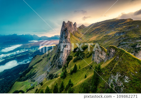 Majestic rocky mountain ridge of Saxer Lucke in autumn at Switzerland 109862271