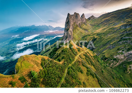 Majestic rocky mountain ridge of Saxer Lucke in autumn at Switzerland 109862273