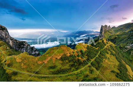 Majestic landscape of rocky mountain ridge of Saxer Lucke in autumn at Switzerland 109862275