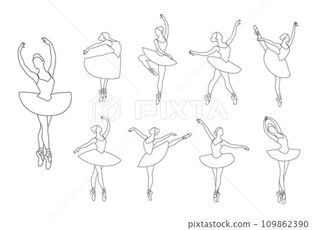 Beautiful ballet dancer is posing, young graceful woman ballet dancer, young ballerina standing in ballet poses line art 109862390
