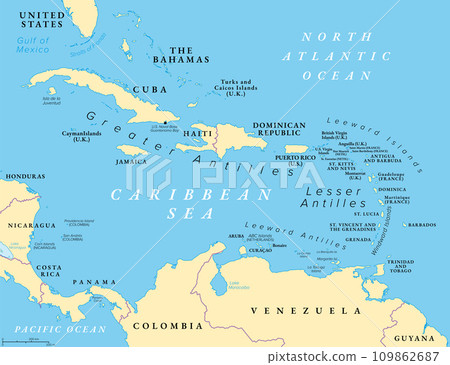 The Caribbean Sea and its islands, political map. The Caribbean, a subregion of the Americas, with the West Indies, compromising independent island countries and dependencies in three archipelagos. The Caribbean Sea and its islands, political map. The Caribbean, a subregion of the Americas, with the West Indies, compromising independent island countries and dependencies in three archipelagos. 109862687