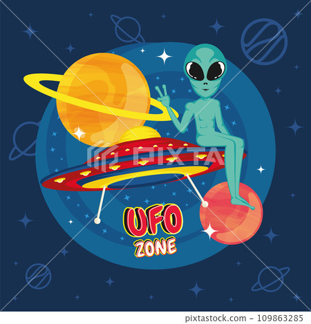 Cute cartoon alien UFO sticker Vector Cute cartoon alien UFO sticker Vector 109863285