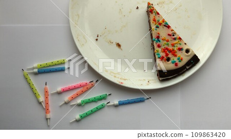 conceptual background on the theme of loneliness and the end of the holiday, top view of the last piece of birthday cake on a white dirty plate with traces of candles 109863420