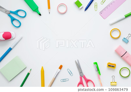 Set of stationery for work and study on white background. Back to school. Top view, flat lay, copy space 109863479
