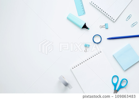 Mockup notebooks and set of stationery for work and study on white background. Back to school. Top view, flat lay, copy space Mockup notebooks and set of stationery for work and study on white background. Back to school. Top view, flat lay, copy space 109863483