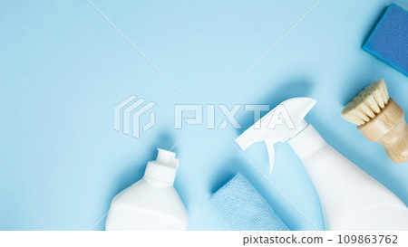 Various accessories cleaning products, sprays, rags, sponges and brushes. Top view, flat lay, copy space Various accessories cleaning products, sprays, rags, sponges and brushes. Top view, flat lay, copy space 109863762