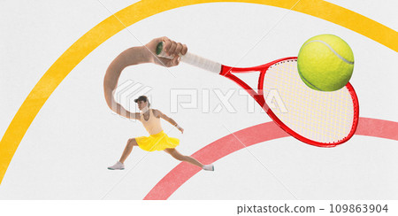 Contemporary art collage. Competitive, skilled tennis player hits the ball with a racket in her long arm. Trendy magazine style. Championship 2024. 109863904