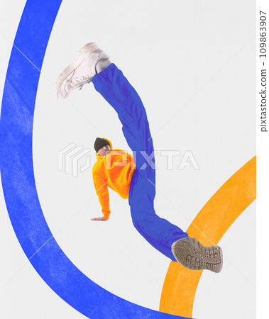 Contemporary art collage. Cool attitude young athlete man, hip-hop dancer stands on hands and raised long legs. Championship 2024. 109863907