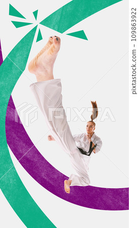 Contemporary art collage. Young woman, professional taekwondo fighter training her long legs before Championship 2024. Contemporary art collage. Young woman, professional taekwondo fighter training her long legs before Championship 2024. 109863922