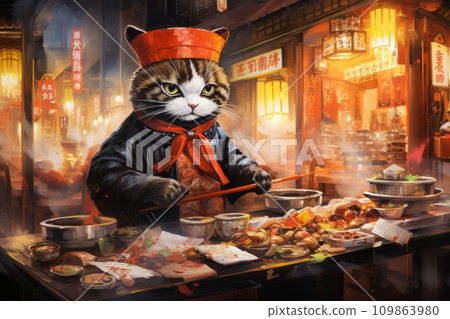 AI-generated content. Drawing of a chef cat in an Asian country preparing food on the street 109863980