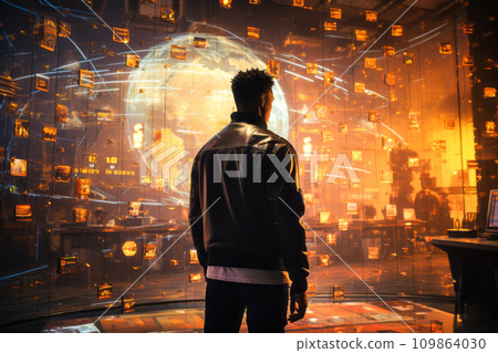 AI-generated content. A man in a jacket against the background of abstract virtual reality 109864030