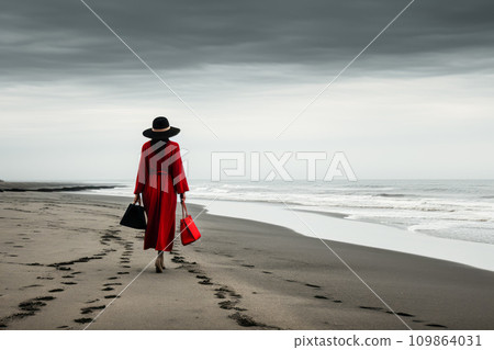 AI-generated content. A girl in a red dress walks along the beach with bags 109864031