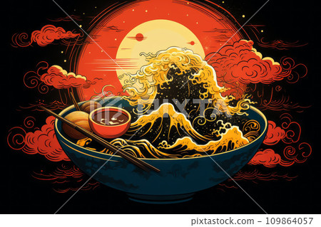 AI-generated content. Drawing of Chinese food in a bowl against the background of the sun 109864057