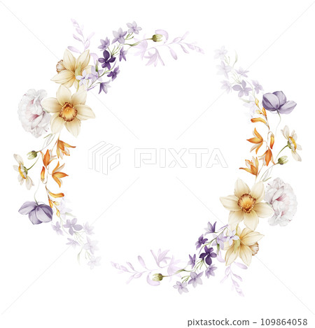 Summer wreath with wild flowers isolated on white background 109864058