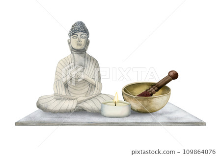Meditating Buddha with bronze singing bowl and burning candle watercolor illustration on white background. Sound holistic healing, sound bath therapy for relaxation and spa procedures 109864076