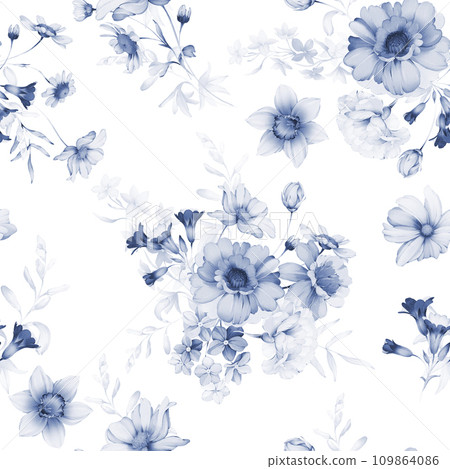 Seamless pattern with wild flowers in indigo tones Seamless pattern with wild flowers in indigo tones 109864086