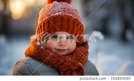 AI-generated content. A small pink-cheeked child in a red hat and karfa on the street at sunset 109864095