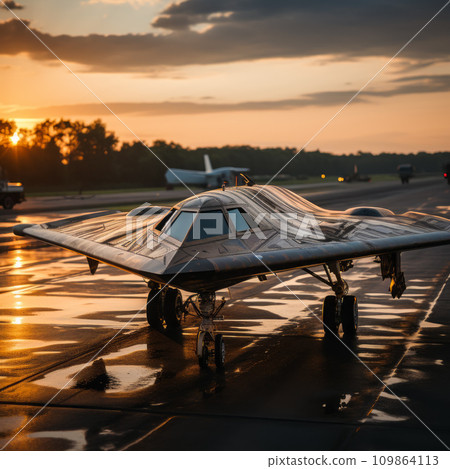 AI-generated content. Airplane wing drone on the runway against the backdrop of sunset 109864113