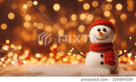 AI-generated content. A snowman with a red hat and scarf on bokek background - Christmas spirit concept 109864389