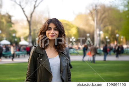 AI-generated content. A young woman exudes confidence and style in her leather jacket, standing among the trees and grass in the park, her smile as bright as the sky above, making a bold statement 109864390