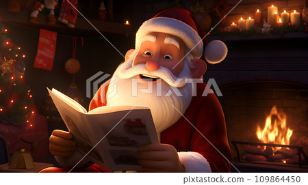 AI-generated content. Amidst the warmth of a crackling fire and the magic of christmas, a santa indulges in a cozy read next to a fireplace 109864450