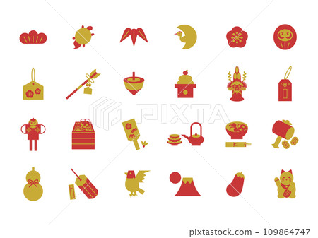 新年幸運符圖示插圖集（金色和紅色） 109864747