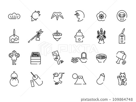 新年幸運符圖示插圖集（黑線） 109864748