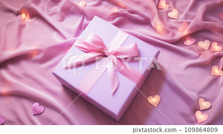 AI-generated content. Flat lay with pink gift box, decorated with ribbon, glow, yellow garland on pink silk fabric background. High quality photo AI-generated content. Flat lay with pink gift box, decorated with ribbon, glow, yellow garland on pink silk fabric background. High quality photo 109864809