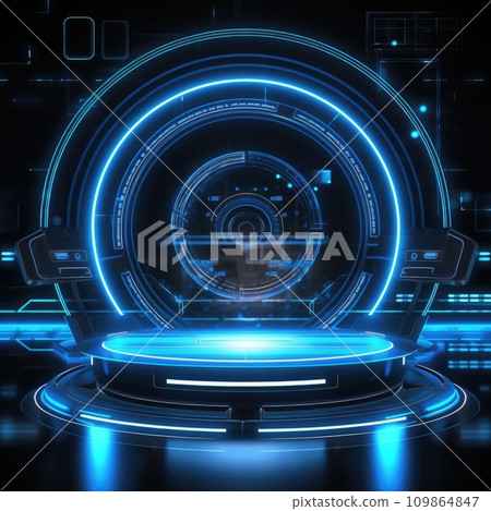 AI-generated content. Abstract technology hud interface hologram elements neon lights, circle percent vitality innovation on hi tech future design. Generative AI 109864847