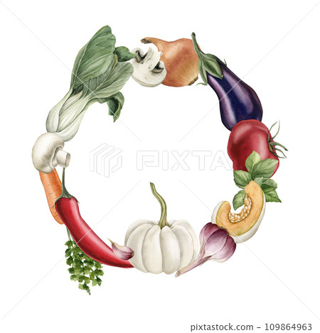Wreath of vegetables: pumpkin, eggplant, tomato, pepper, Bok Choy. mushrooms, carrot, garlic, basil. Watercolor illustration hand painted isolated on white background. Wreath of vegetables: pumpkin, eggplant, tomato, pepper, Bok Choy. mushrooms, carrot, garlic, basil. Watercolor illustration hand painted isolated on white background. 109864963