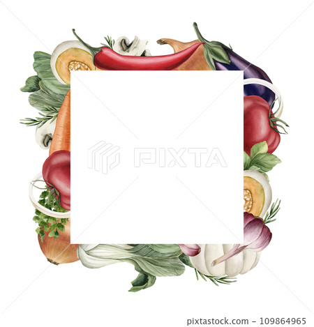 Frame with vegetables: pumpkin, eggplant, tomato, pepper, Bok Choy. mushrooms, carrot, garlic, basil. Watercolor illustration hand painted isolated on white background. Frame with vegetables: pumpkin, eggplant, tomato, pepper, Bok Choy. mushrooms, carrot, garlic, basil. Watercolor illustration hand painted isolated on white background. 109864965