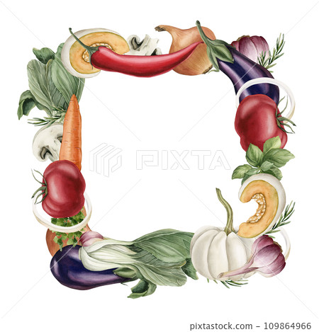 Frame with vegetables: pumpkin, eggplant, tomato, pepper, Bok Choy. mushrooms, carrot, garlic, basil. Watercolor illustration hand painted isolated on white background. Frame with vegetables: pumpkin, eggplant, tomato, pepper, Bok Choy. mushrooms, carrot, garlic, basil. Watercolor illustration hand painted isolated on white background. 109864966