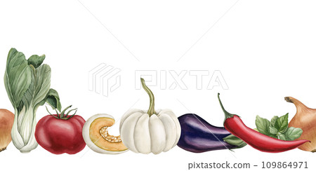 Fresh colorful delicious vegetables. Seamless hand painted watercolor illustration isolated on white background for design, banner, poster, card, packaging, wallpaper, fabric, textile 109864971