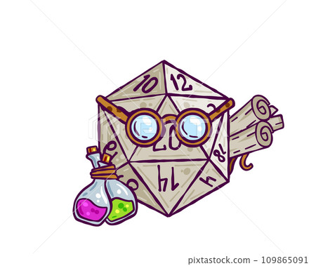 Dice d20 for playing Dnd. Dungeon and dragons board game. Cartoon outline drawn illustration Dice d20 for playing Dnd. Dungeon and dragons board game. Cartoon outline drawn illustration 109865091