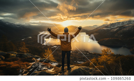 From the top of the hill, hikers enjoy the sunset. 109865268