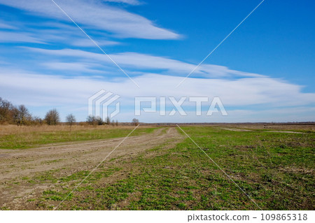 A dirt road stretching into the distance under a blue sky. A dirt road stretching into the distance under a blue sky. 109865318