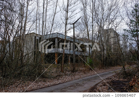 A dilapidated building is surrounded by bare trees under a cloudy sky. A dilapidated building is surrounded by bare trees under a cloudy sky. 109865407