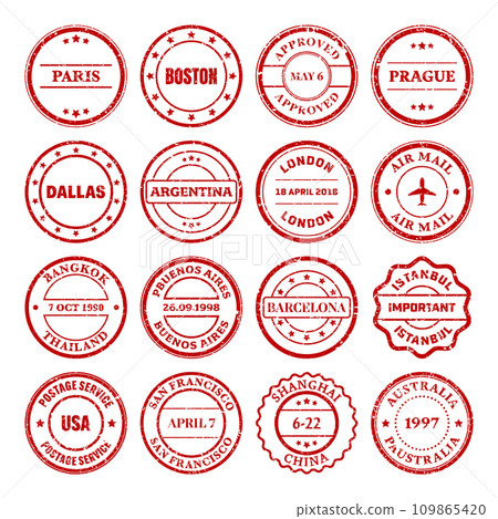 Post stamps, labels and badges. Grunge imprints and postmarks. Red vintage circle postcard watermarks. Used envelope design elements. Vector illustration Post stamps, labels and badges. Grunge imprints and postmarks. Red vintage circle postcard watermarks. Used envelope design elements. Vector illustration 109865420