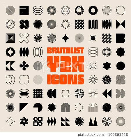 Brutalist geometric shapes, symbols. Simple primitive elements and forms. Bauhaus retro design, trendy contemporary minimalist style, y2k. Vector illustration Brutalist geometric shapes, symbols. Simple primitive elements and forms. Bauhaus retro design, trendy contemporary minimalist style, y2k. Vector illustration 109865428