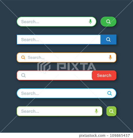 Colorful search bar templates. Internet browser engine with search box, address bar and text field. UI design, website interface element with web icons and push button. Vector illustration Colorful search bar templates. Internet browser engine with search box, address bar and text field. UI design, website interface element with web icons and push button. Vector illustration 109865437