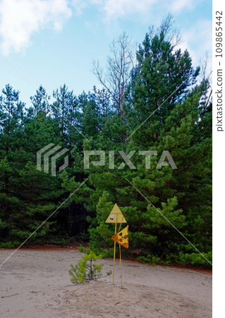 A yellow warning sign in the middle of a forest. Radiation pollution sign near trees in the Chernobyl exclusion zone. A yellow warning sign in the middle of a forest. Radiation pollution sign near trees in the Chernobyl exclusion zone. 109865442