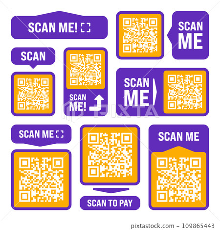 Scan me QR code sticker. Online payment. Special offer sale stickers, shopping discount label or promotional badge. Serial number, product ID. Supermarket retail label, price tag. Vector illustration 109865443
