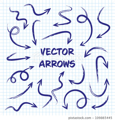 Grunge hand drawn arrows on checkered paper sheet. School notebook for drawing. Doodle arrow icon, simple monochrome pointer silhouettes. Outline, line art. Vector illustration Grunge hand drawn arrows on checkered paper sheet. School notebook for drawing. Doodle arrow icon, simple monochrome pointer silhouettes. Outline, line art. Vector illustration 109865445