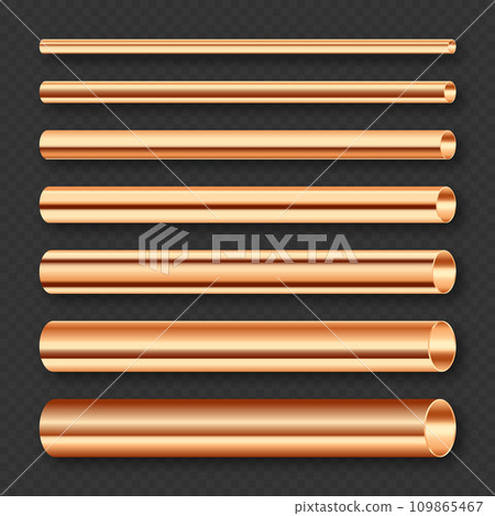 Copper pipes collection. Construction material, pipeline. Industry and engineering. Polished metal texture with silver gradient. Vector illustration 109865467